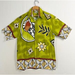 Vintage Barkcloth Hawaiian‎ Shirt Mens Size M Medium Green Tribal 90's Hawaii